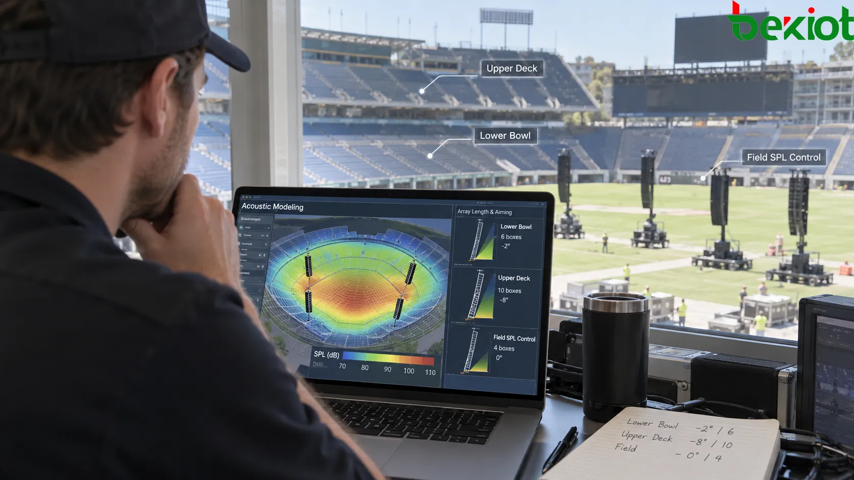 Temporäre Stadion-PA mit akustischer Modellierung zur Anpassung von Länge und vertikaler Ausrichtung mobiler Line Arrays für unteren Rang, Oberrang und entfernte Sitzplätze bei gleichzeitiger Begrenzung übermäßigen SPL auf dem Feld