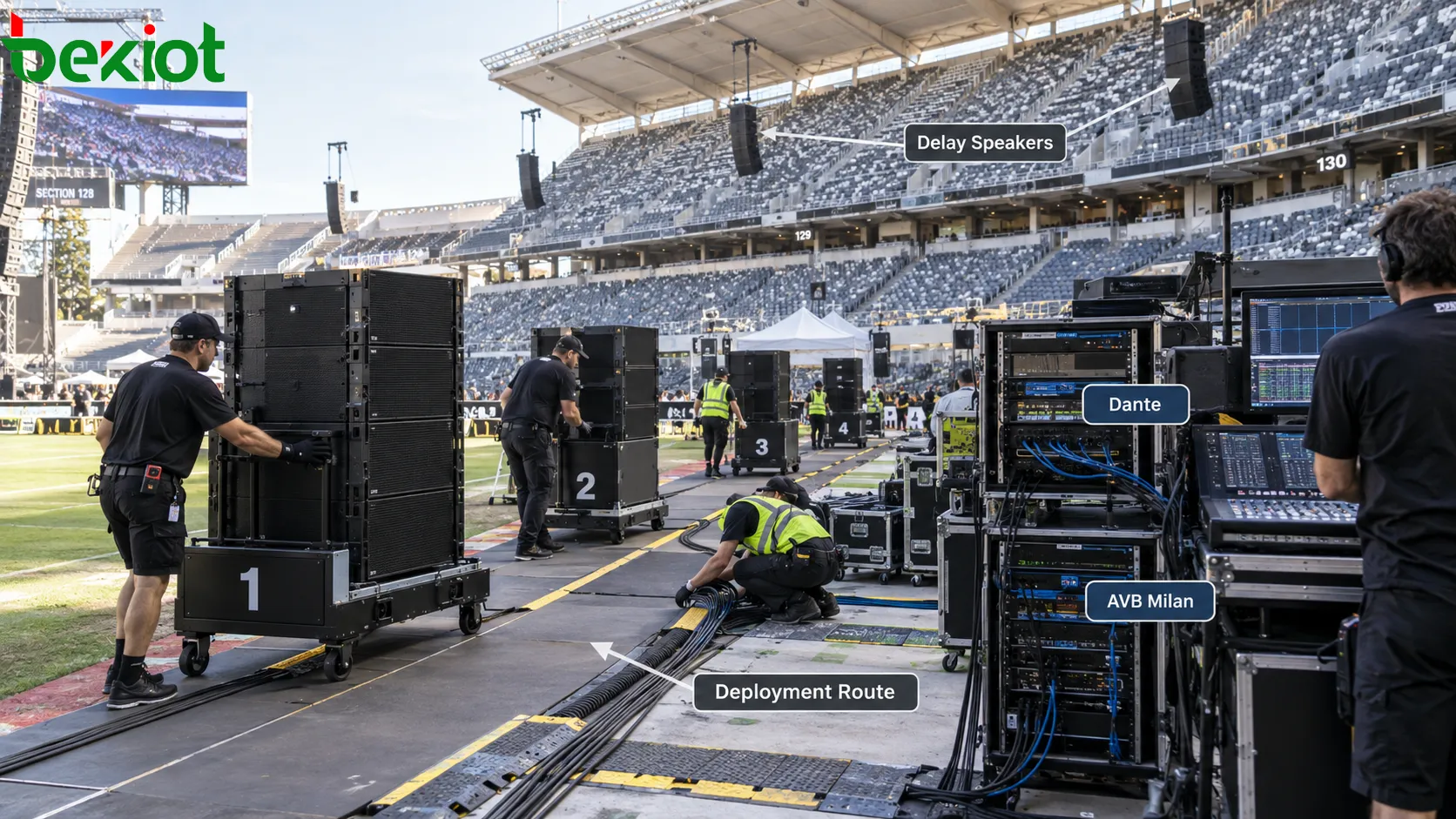 Mobile PA für Großveranstaltungen mit Dante- und AVB-Milan-Netzwerkaudio zur Verbindung temporärer Lautsprecherwagen, verstärkter Controller, Mischpulte und installierter Stadion-Delay-Lautsprecher entlang vordefinierter schneller Auf- und Abbauwege
