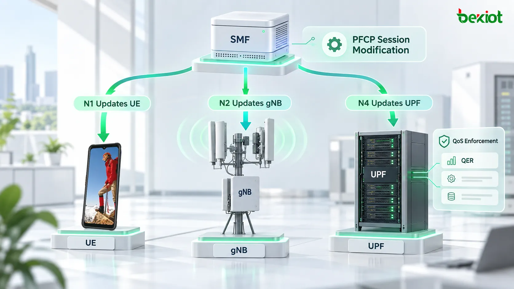 5GC-PDU-Sitzungsänderung: N1 aktualisiert die QoS-Parameter des UE, N2 ändert die QoS-Flow-Ressourcen des gNB und N4 PFCP Session Modification aktualisiert QER und weitere Durchsetzungsregeln der Nutzerebene im UPF