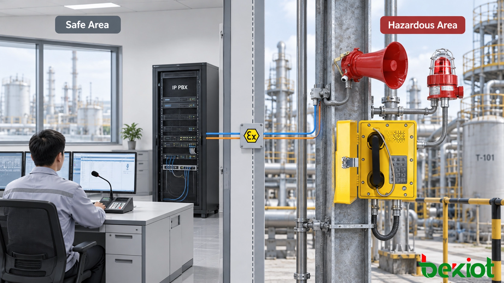 Architektur eines explosionsgeschützten PA-Systems mit Trennung von Leitstellengeräten im sicheren Bereich und Telefonen, Lautsprechern sowie Alarmgeräten im Ex-Bereich