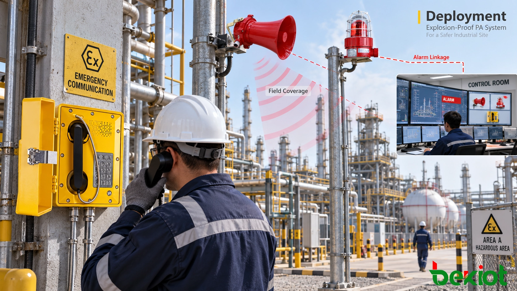 Engineering-Ablauf eines explosionsgeschützten PA-Systems mit Geräteauswahl für Ex-Bereiche, Feldplatzierung, Alarmintegration und Leitstellenimplementierung