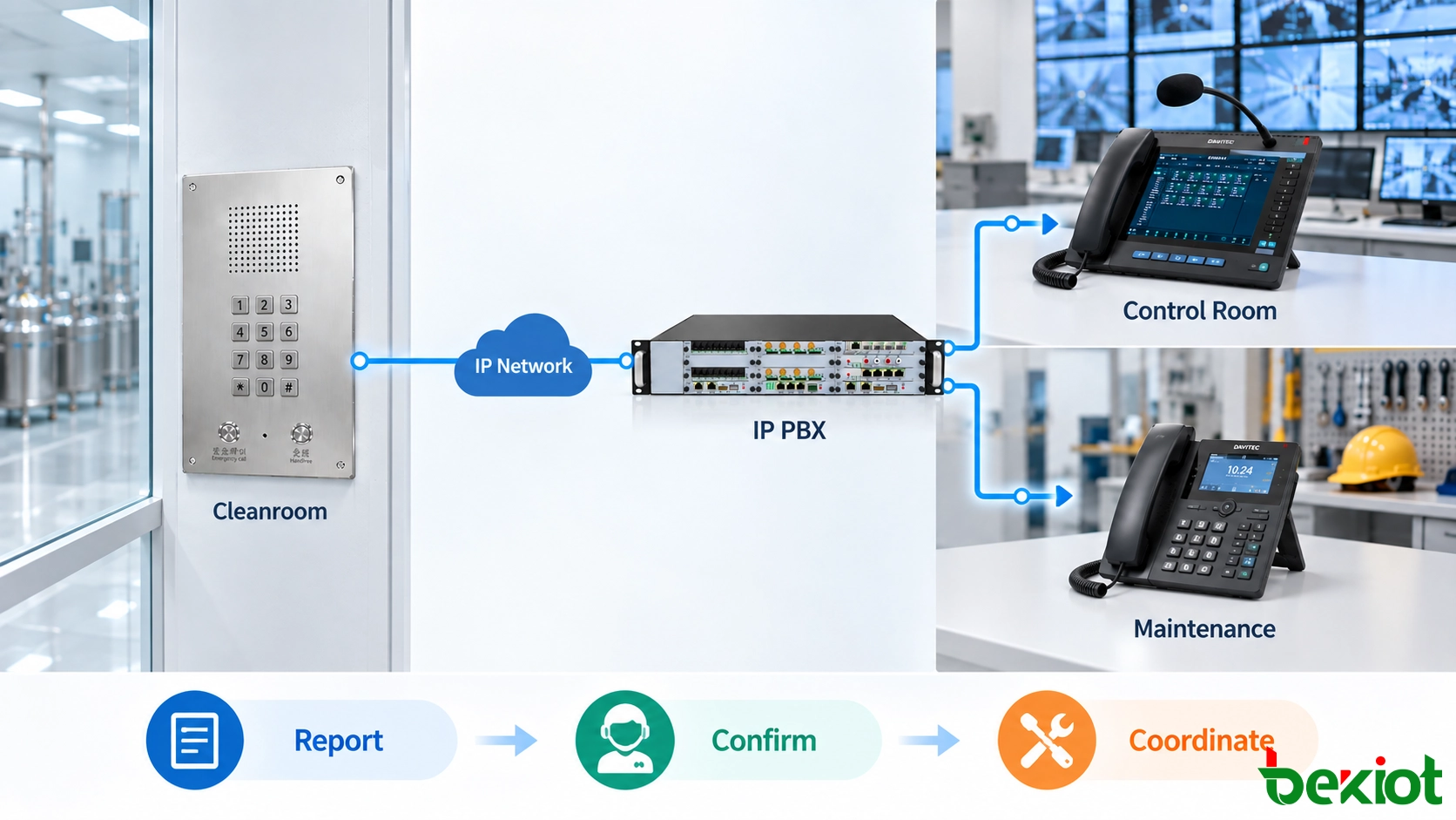 SIP-Reinraumtelefon, das über die IP-PBX mit dem Kontrollraum und der Wartung kommuniziert
