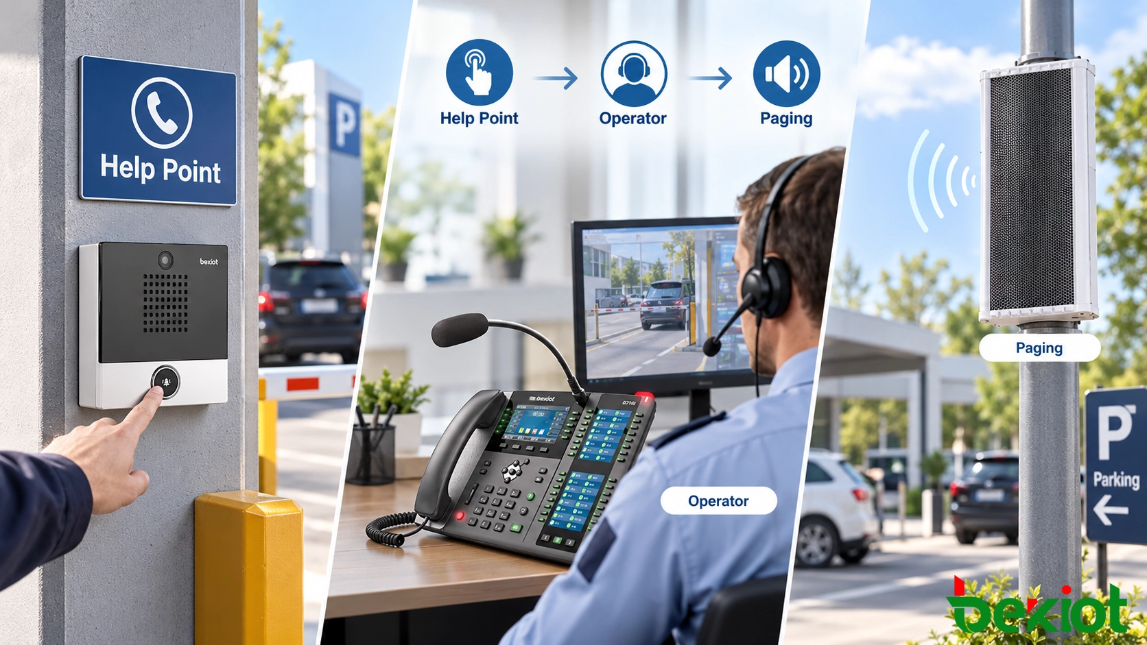 IP-Kommunikation am Standort mit Parkhaus-Hilferufstellen, Türsprechanlagen, Industrietelefonen und zonenbezogener SIP-Beschallung zur Leitstelle