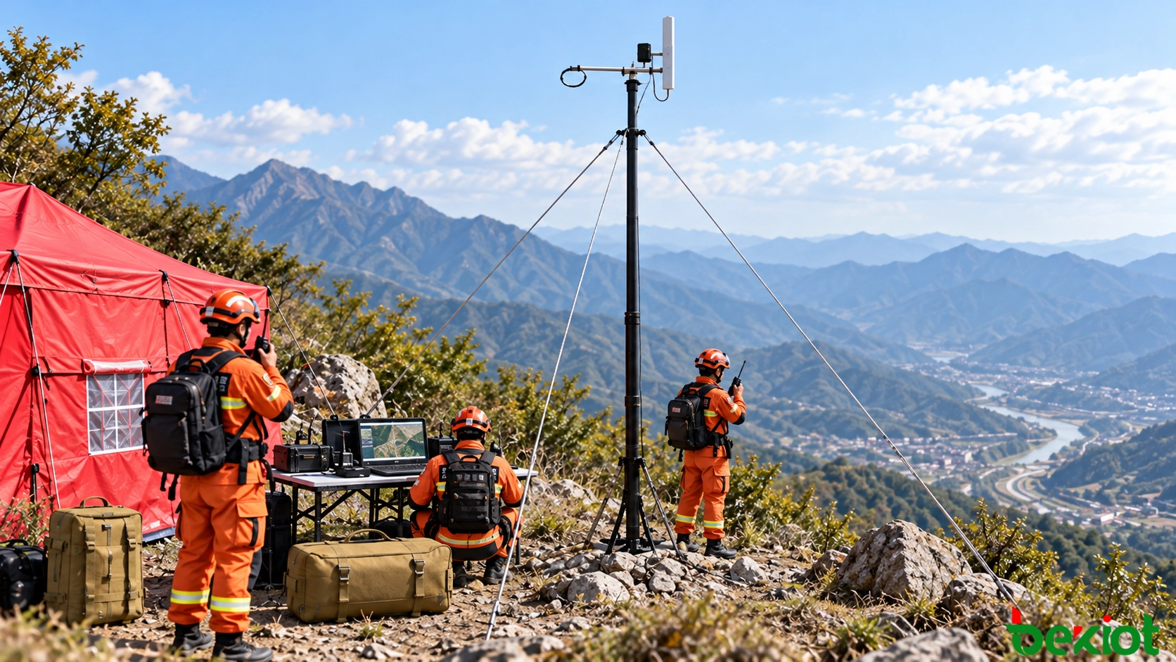 Bergrettungsteam nutzt einen gesicherten tragbaren Antennenmast an einer temporären Führungsstelle