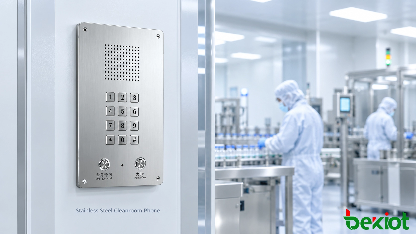 Edelstahl-Reinraumtelefon, installiert in einer pharmazeutischen Einrichtung