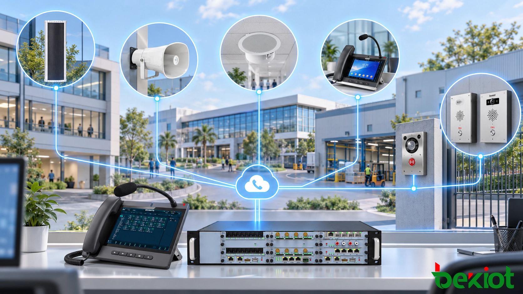 Konzept eines IP-Paging-Systems, das eine zentrale Kommunikationsschnittstelle mit Telefonen, Lautsprechern, Überwachung und Alarmgeräten verbindet