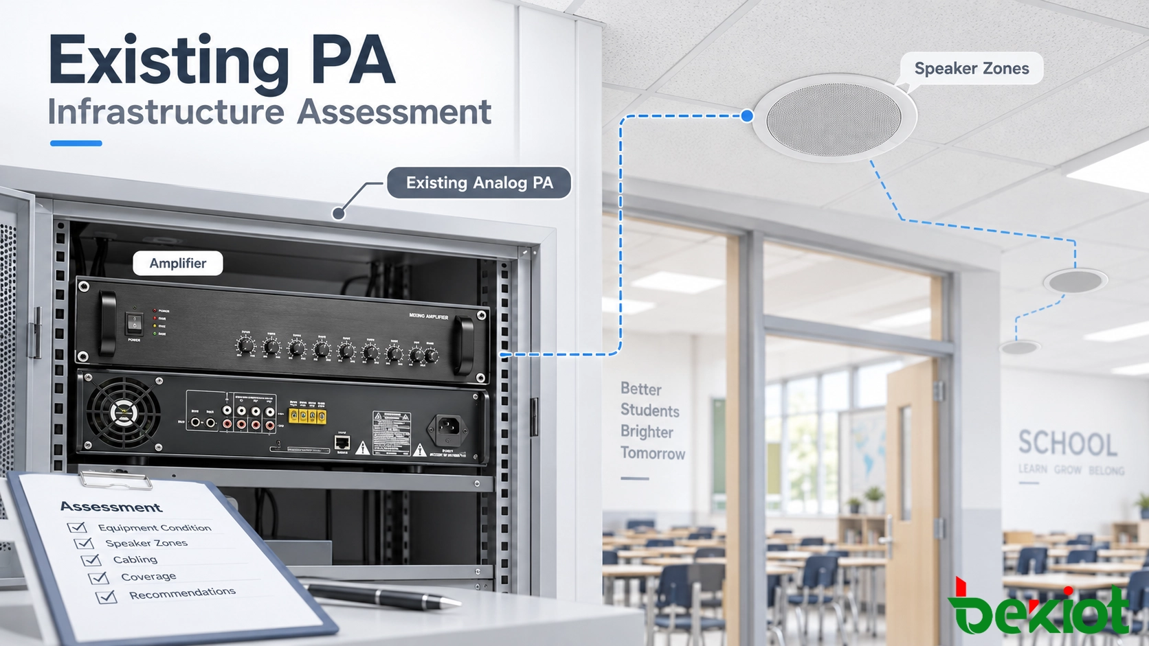 Bewertungsprozess mit vorhandener analoger Schul-PA-Infrastruktur, Verstärker, Lautsprecherzonen und zukünftigen IP-Kommunikations-Upgrade-Punkten