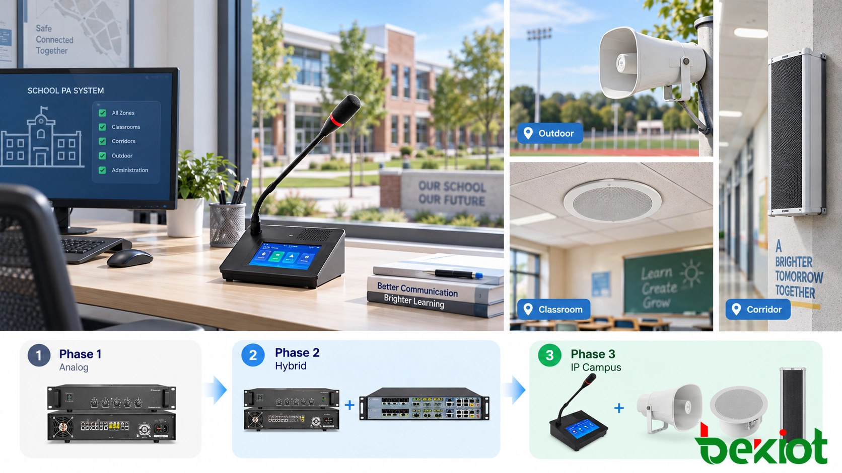 Schrittweiser Upgrade-Prozess für Schul-PA-Systeme von analoger Infrastruktur zu hybrider und IP-Kommunikationsarchitektur