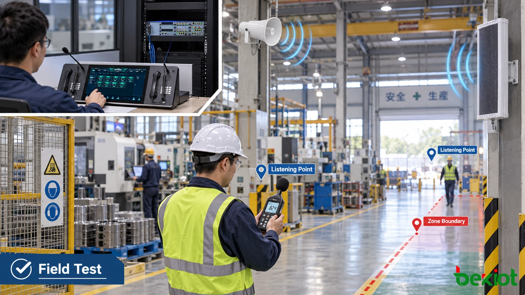 Techniker überprüft Hörbarkeit, Sprachverständlichkeit und Zonengrenzen von SIP-Paging-Lautsprechern an industriellen Hörpositionen
