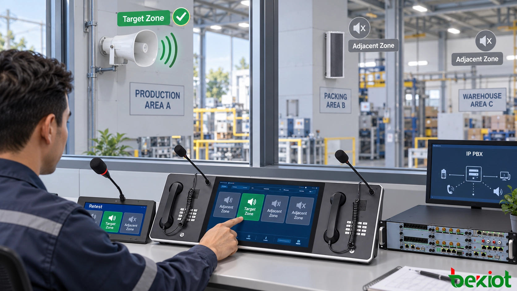 Techniker in industriellem Leitstand testet korrigierte SIP-Paging-Zonen mit Leitstellenkonsole, Hornlautsprechern und Zonengrenze erneut