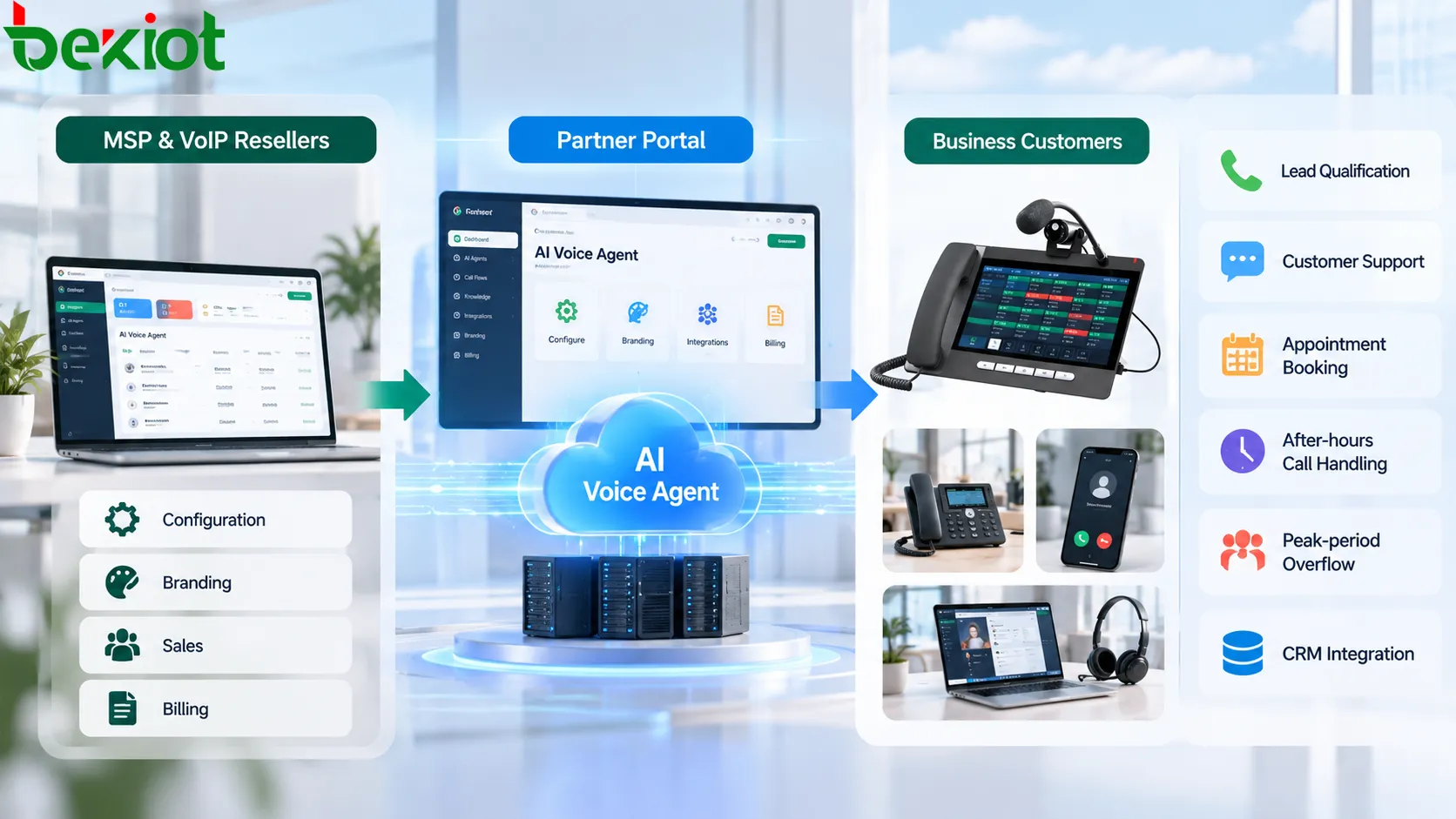 AI Agent von Voip Unlimited: MSP und VoIP-Wiederverkäufer konfigurieren, branden und berechnen den Dienst über das Partner Portal und bieten ihn Geschäftskunden als KI-Sprachservice an