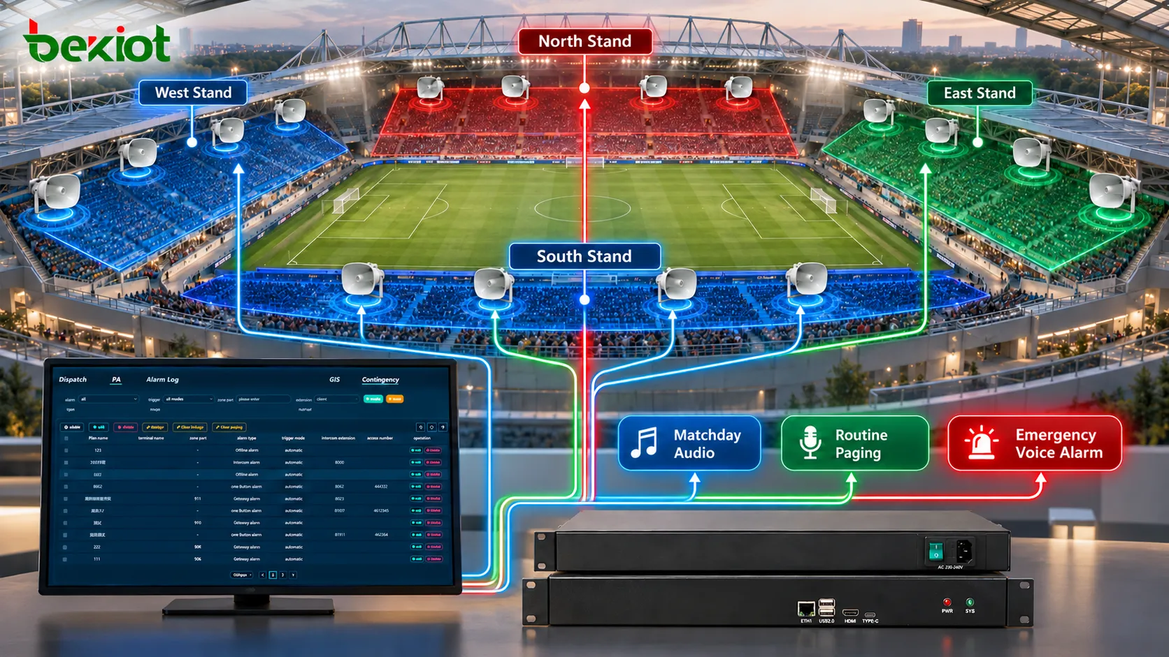 Stadion-PAVA mit getrennten Beschallungszonen für Ost-, West-, Nord- und Südtribüne für Spieltagsaudio, reguläre Durchsagen und vorrangige Notfall-Sprachalarme