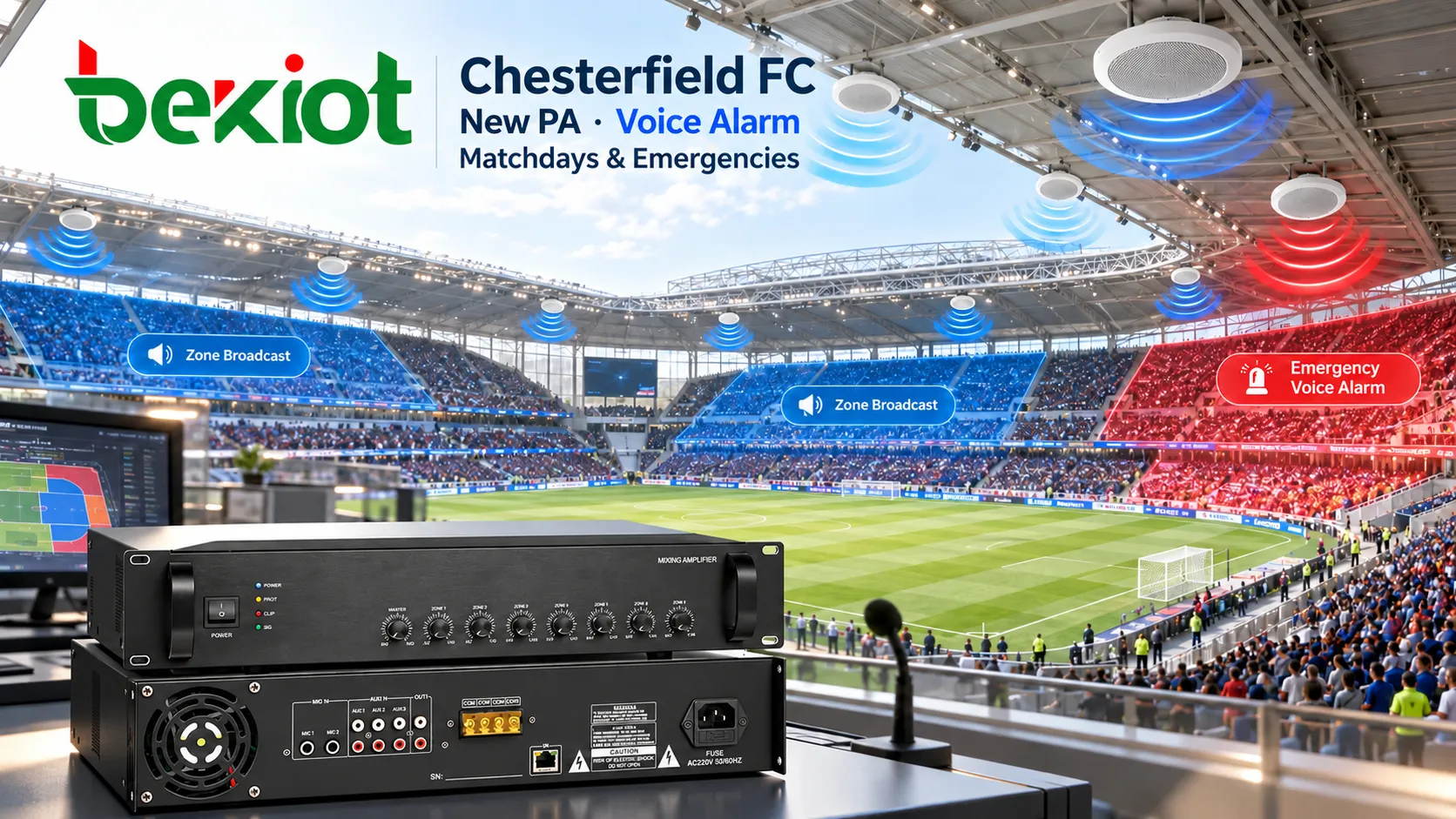 Chesterfield FC ersetzt veraltete Stadionbeschallung durch neue Sprachalarmierung für Spieltage und Notfälle