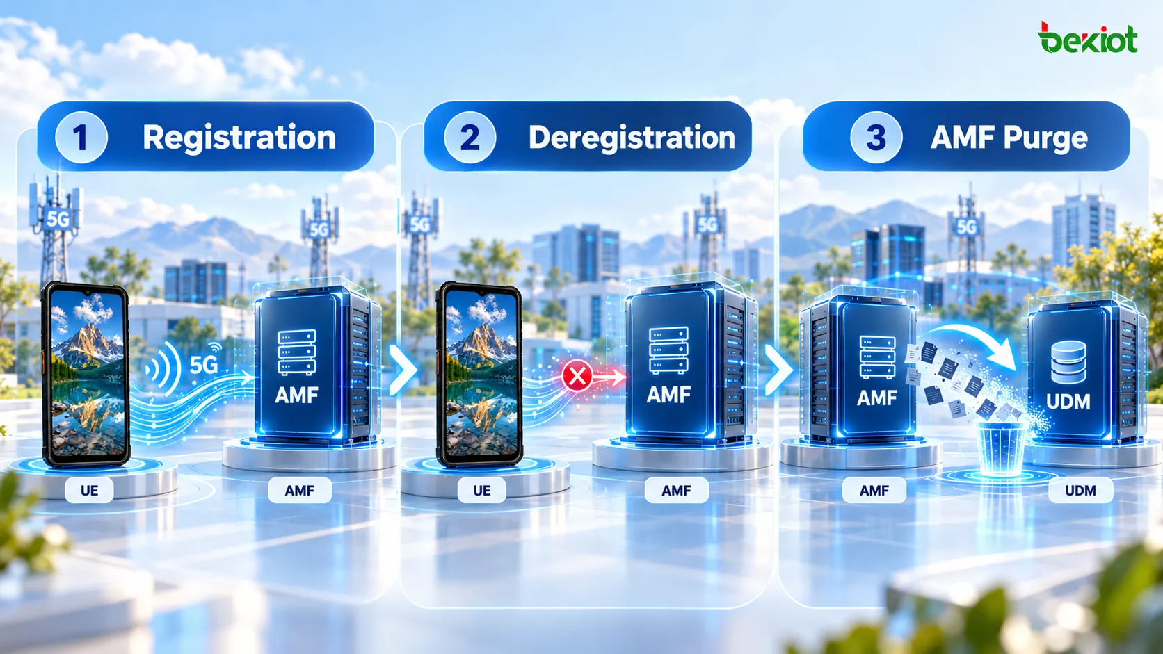 Unterschied zwischen Erstregistrierung, netzinitiierter Deregistrierung und AMF Purge im 5GC: Nach der Deregistrierung bereinigt Purge den AMF-Kontext und die Beziehungen zum UDM