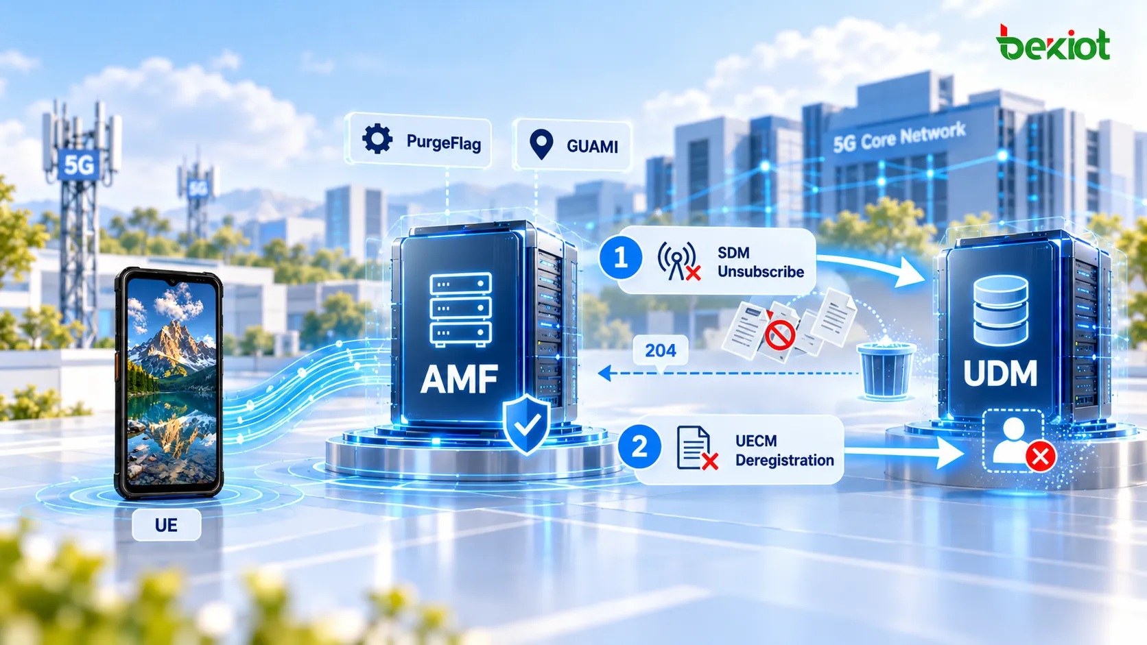 5GC-AMF-Purge entfernt Subscriber Data, MM Context, die UDM-SDM-Subscription und die UECM-Registration, damit kein veralteter UE-Kontext bestehen bleibt
