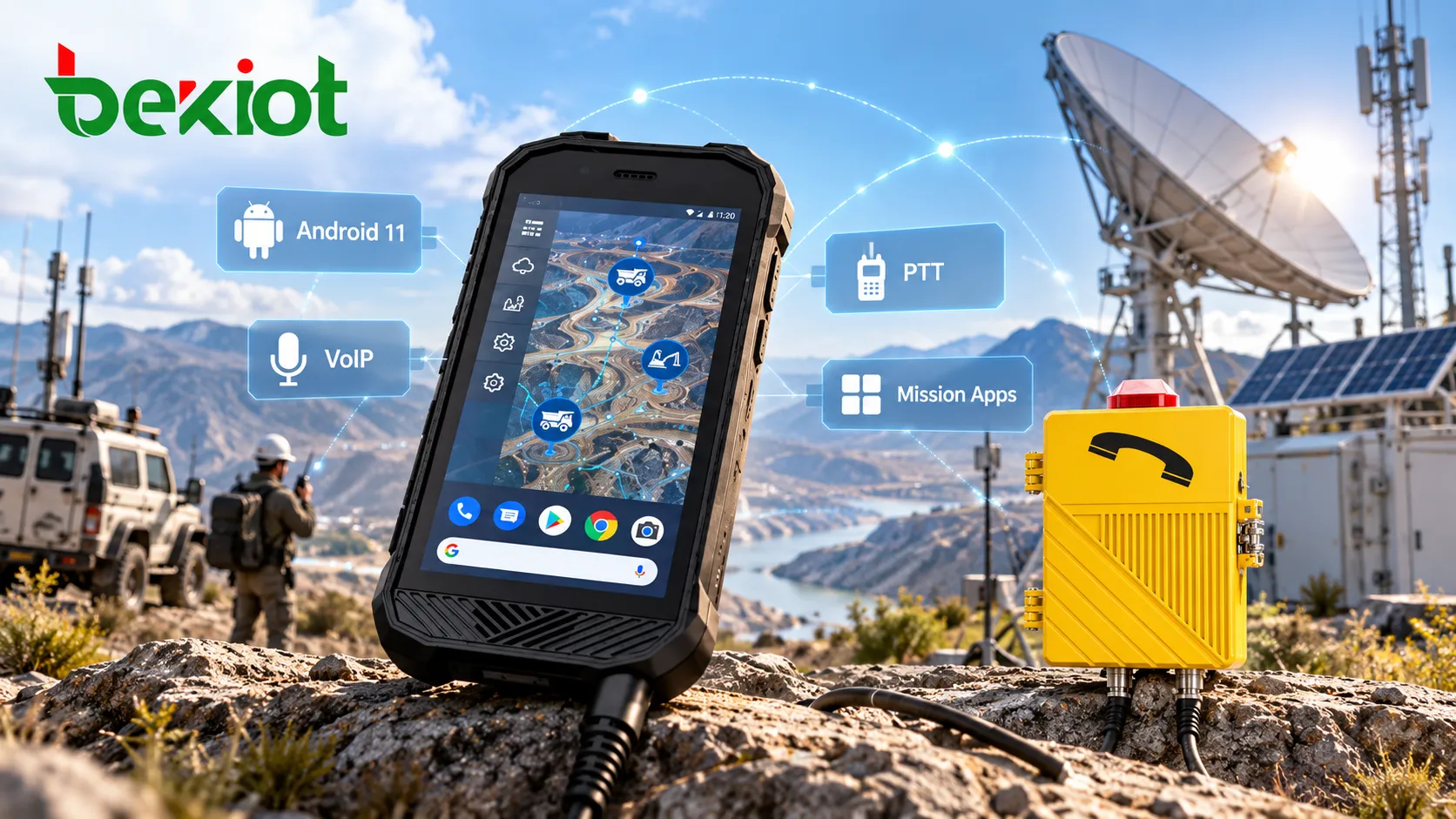 Robustes VoIP-Kommunikationsendgerät SVA 500 mit 5-Zoll-Touchscreen, Android-Plattform und PTT-Taste für Sprachkommunikation und Einsatzanwendungen in kritischen Feldumgebungen