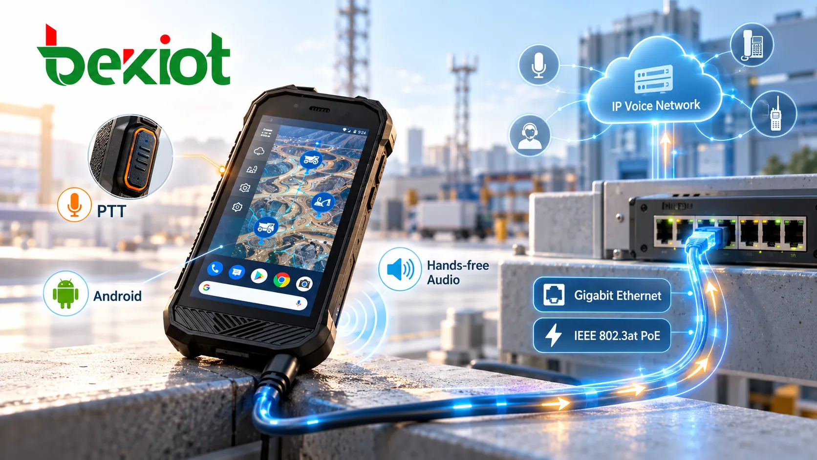 SVA 500 mit Gigabit-Ethernet und IEEE 802.3at PoE für die Anbindung an ein IP-Sprachnetz sowie physischer PTT-Taste, Android-Software und Freisprechaudio für den Feldeinsatz