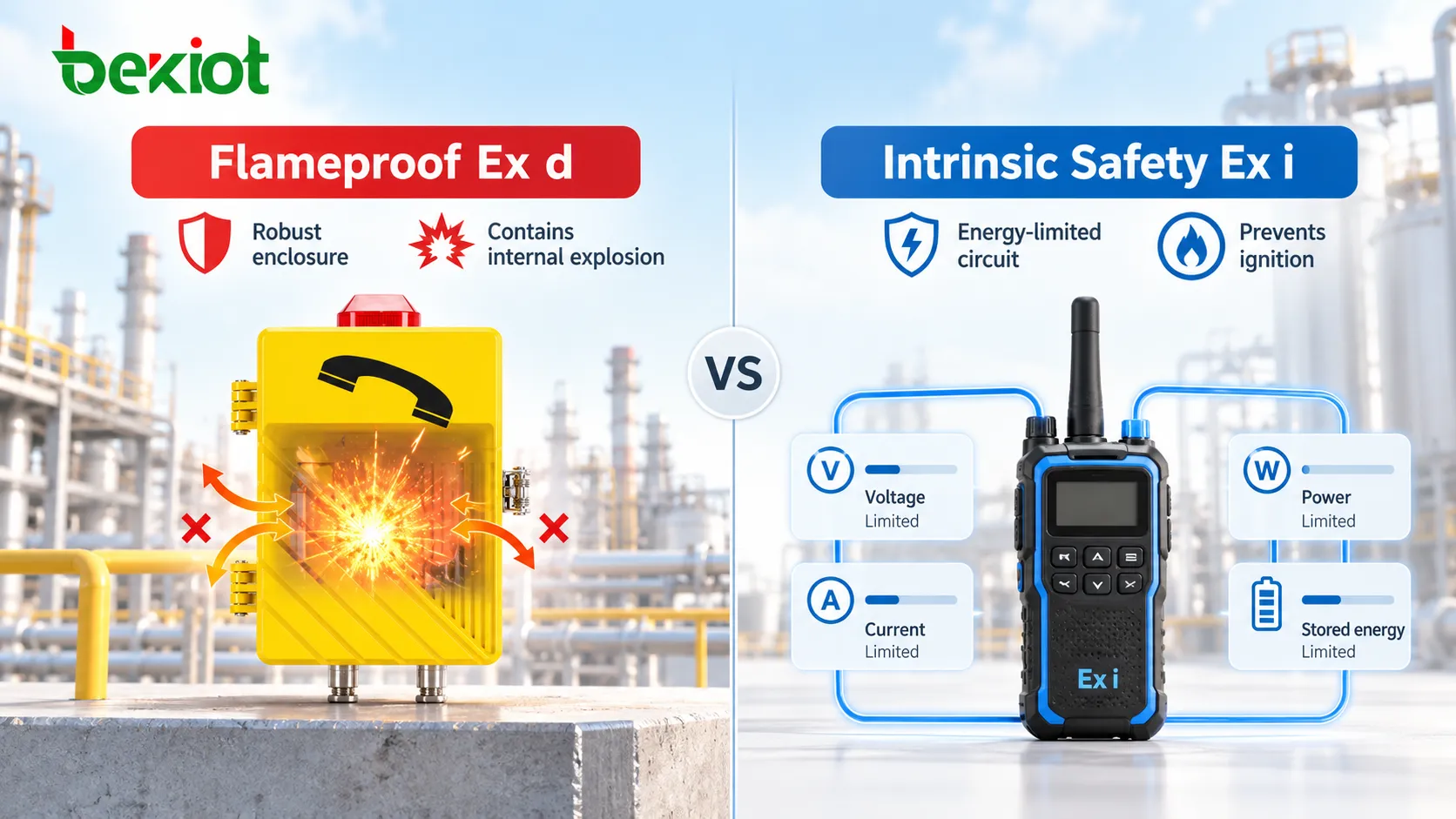 Ex-d-Kommunikationsterminals verwenden ein robustes Gehäuse zum Einschluss innerer Explosionen; eigensichere Ex-i-Terminals begrenzen Spannung, Strom, Leistung und gespeicherte Energie, um Zündungen zu verhindern.