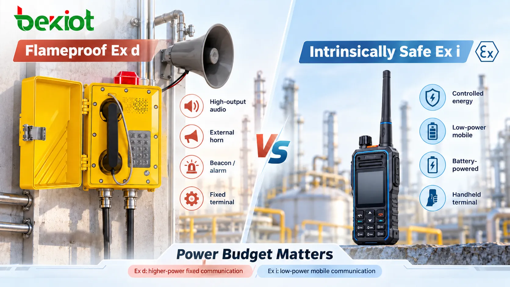Ortsfeste druckfeste Ex-d-Terminals ermöglichen stärkere Audioausgabe, Horn- und optische Alarmfunktionen; eigensichere Ex-i-Handgeräte setzen auf kontrollierte Energie und stromsparende Mobilkommunikation.